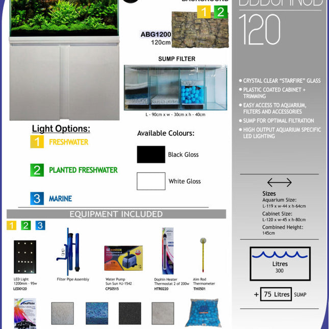 Aquarium – 120 cm - 350 L White Cabinet + Sump - 1190 L x 440 W x 640 H
