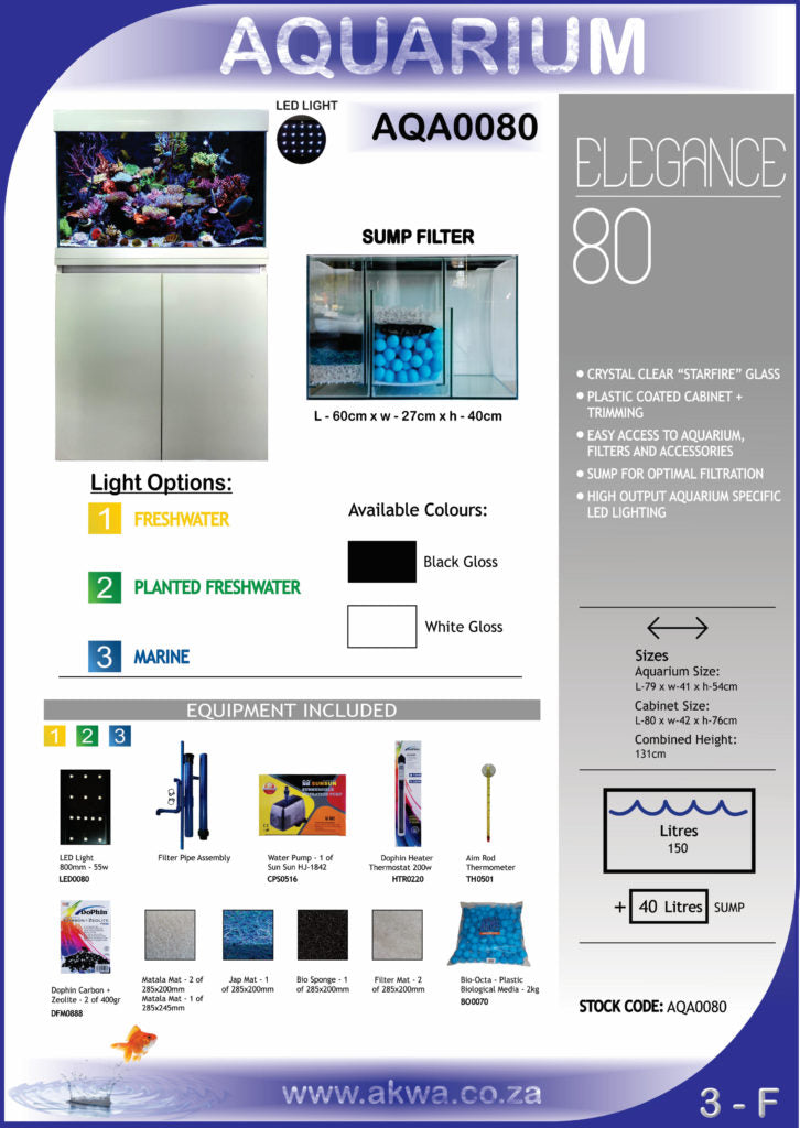 Aquarium – 80 cm - 180 L White Cabinet + Sump - 790 L x 410 W x 540 H